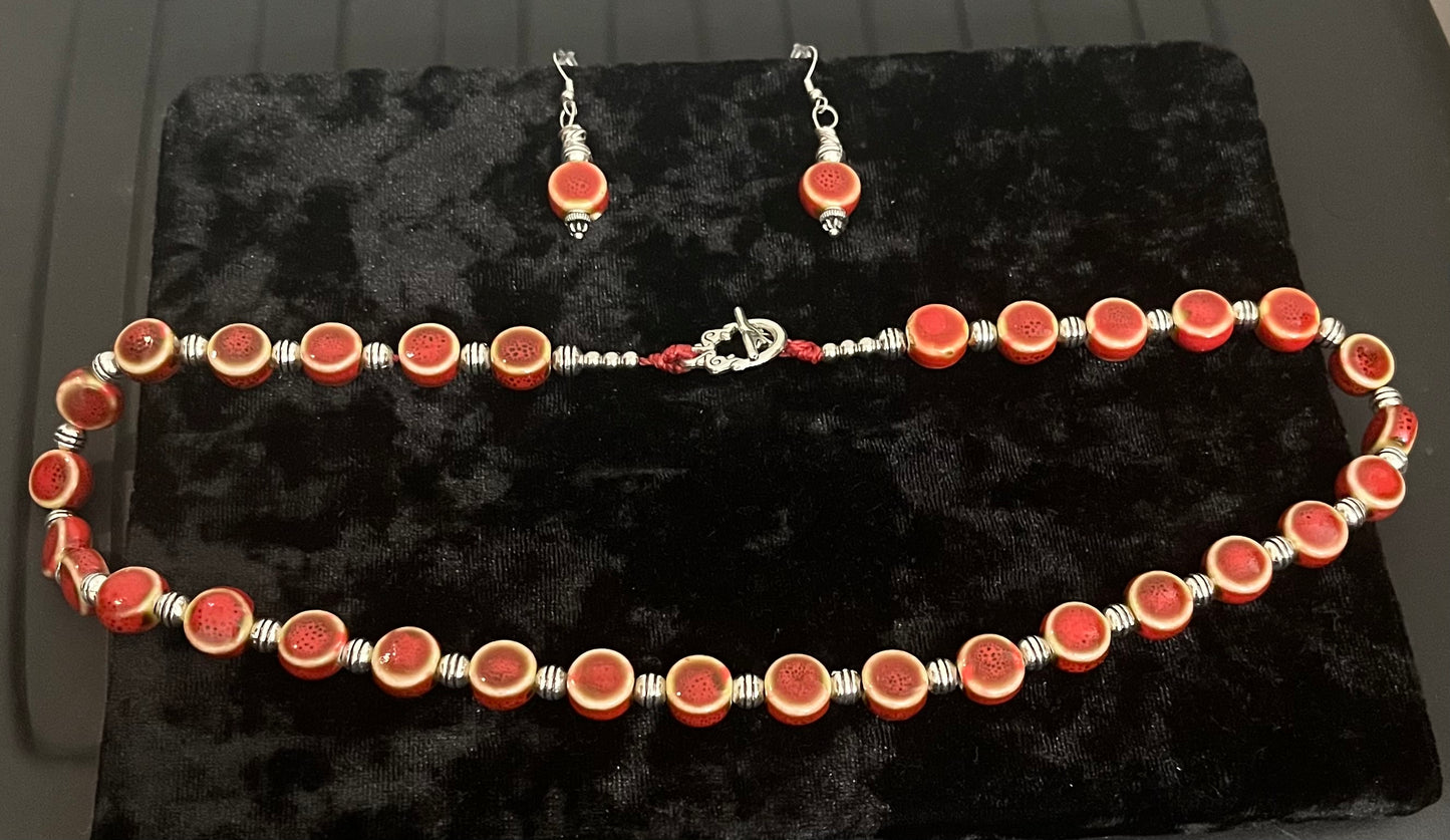 Sexy Red Ceramic Bead Necklace & Earrings