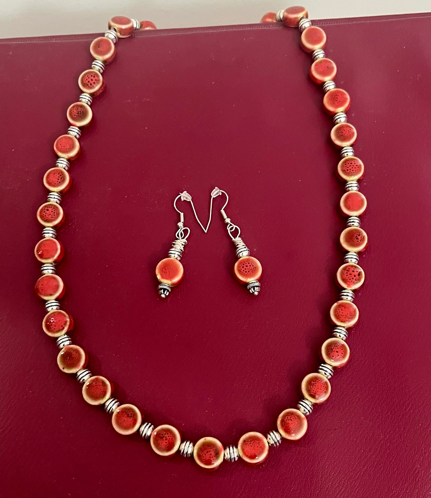 Sexy Red Ceramic Bead Necklace & Earrings