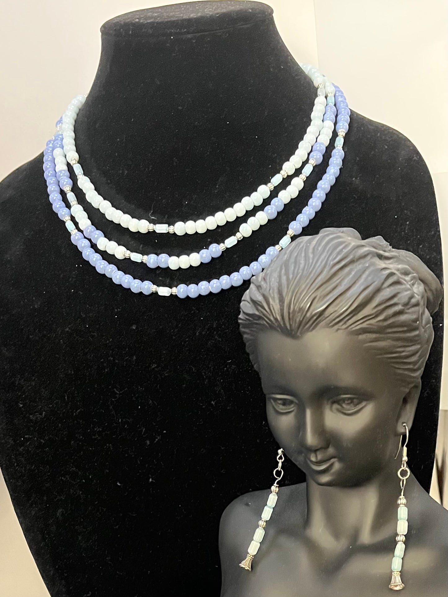 Long blue beaded earrings with regal silver filigree & Royal blue layered necklace with silver accents and elegant court‑inspired design
