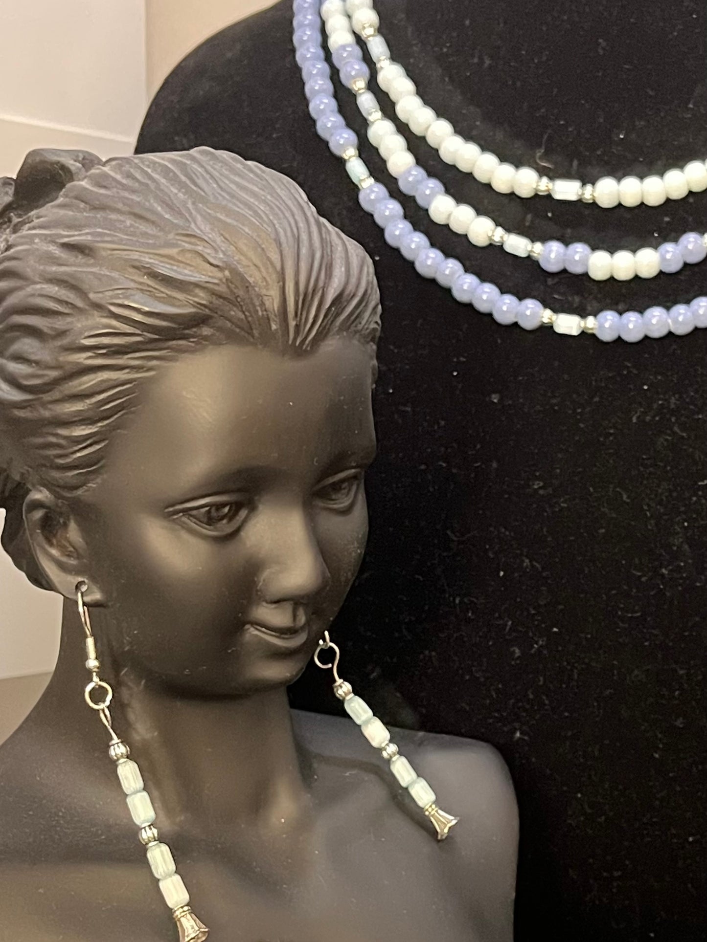 Long blue beaded earrings and necklace with regal silver filigree
