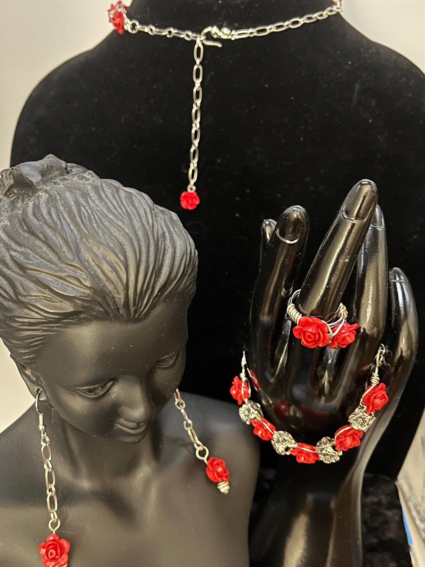 Complete Red Rose Romance jewelry set displayed on velvet background