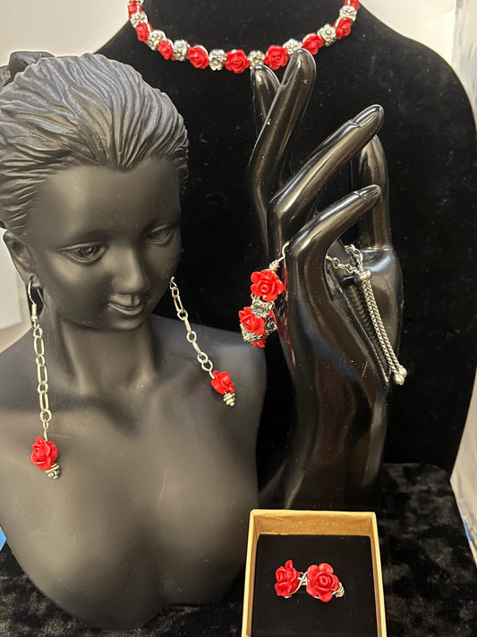 Romantic red rose handmade jewelry gift bundle with choker, bracelet, earrings and ring by Eliza Joe Jewelry