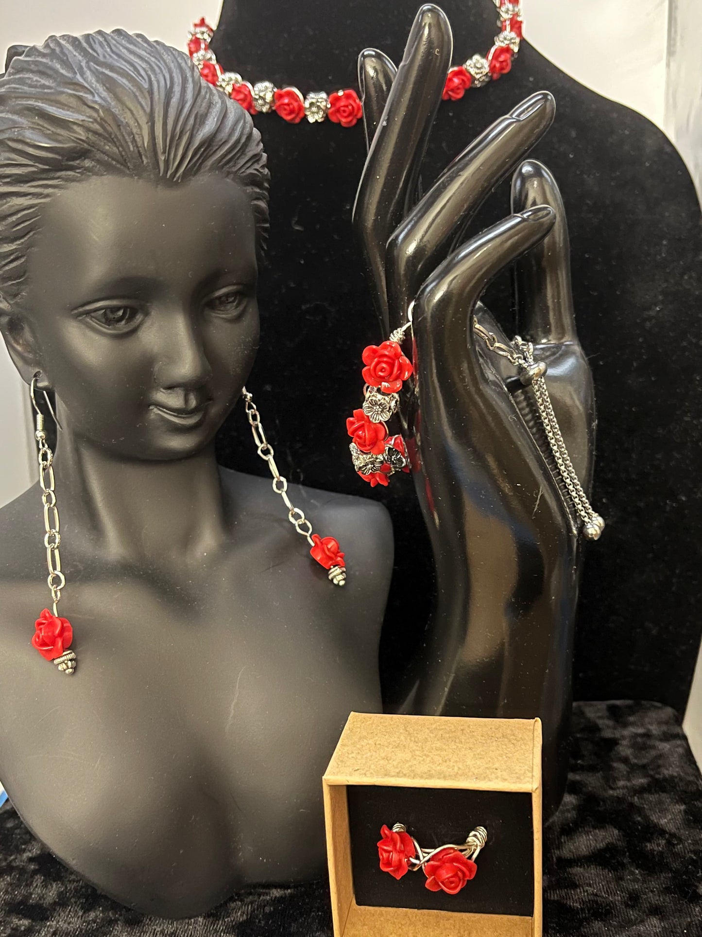 Complete Red Rose Romance jewelry set displayed on velvet background