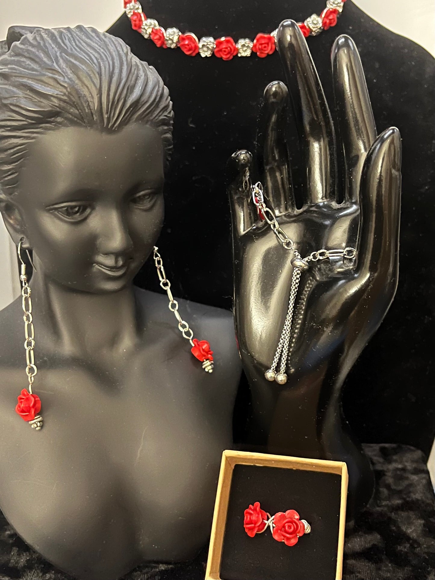 Complete Red Rose Romance jewelry set displayed on velvet background