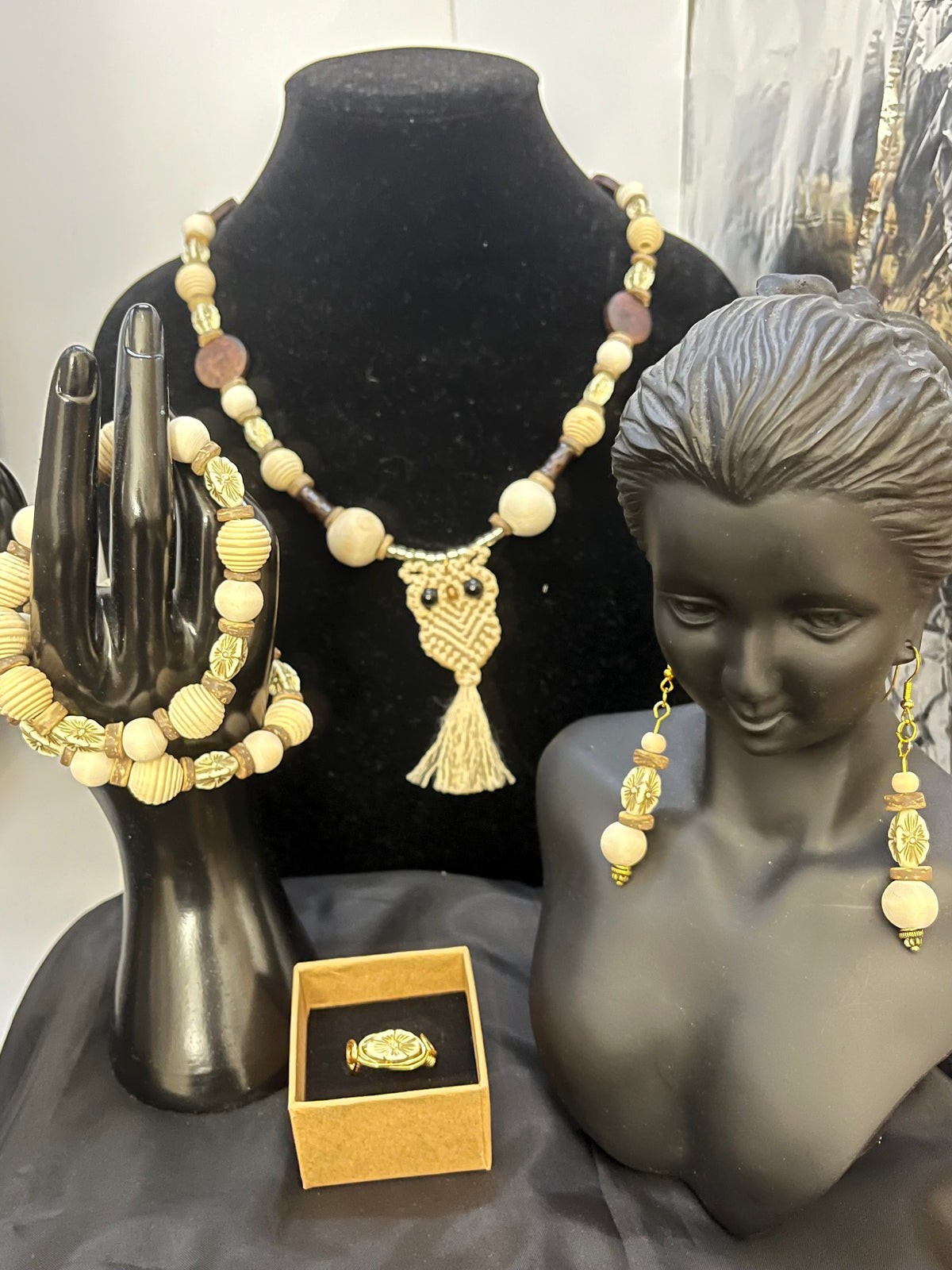 Handcrafted owl jewelry set styled for bohemian fashion