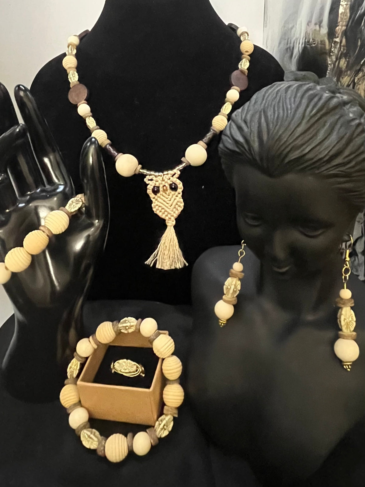 Full Earth‑Tone Owl jewelry set displayed on neutral background