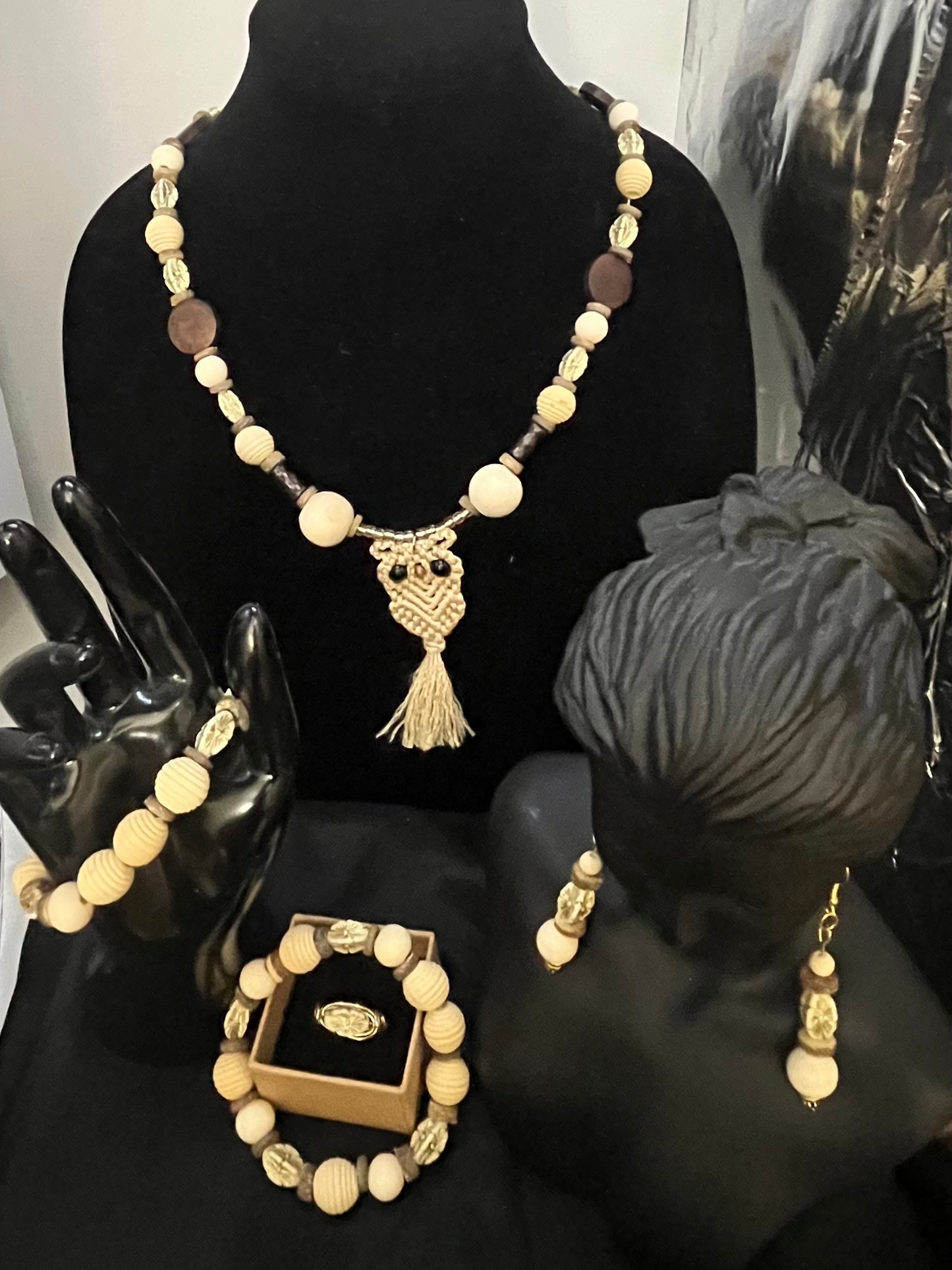 Full Earth‑Tone Owl jewelry set displayed on velvet background