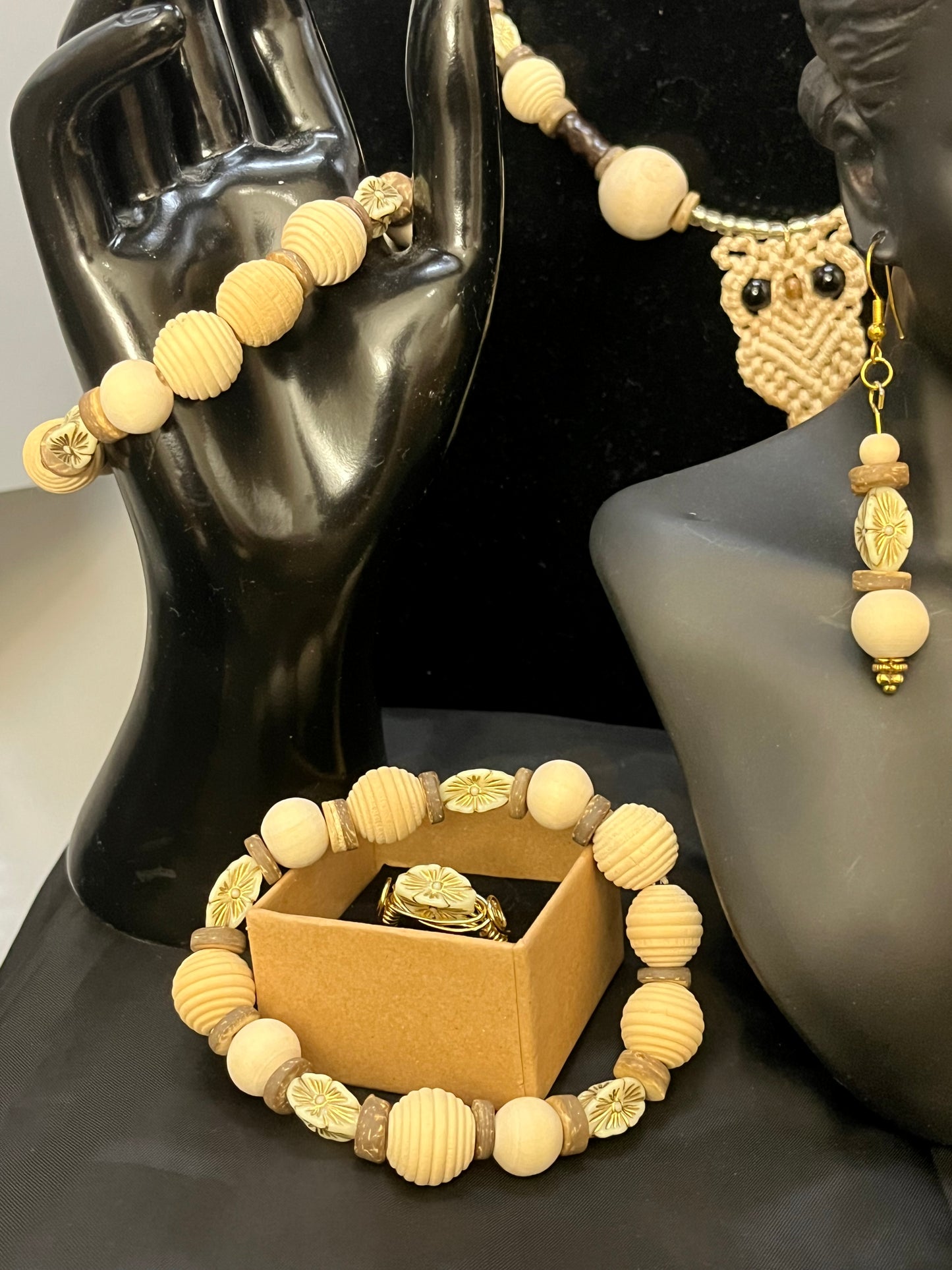 Handcrafted owl jewelry set styled for bohemian fashion