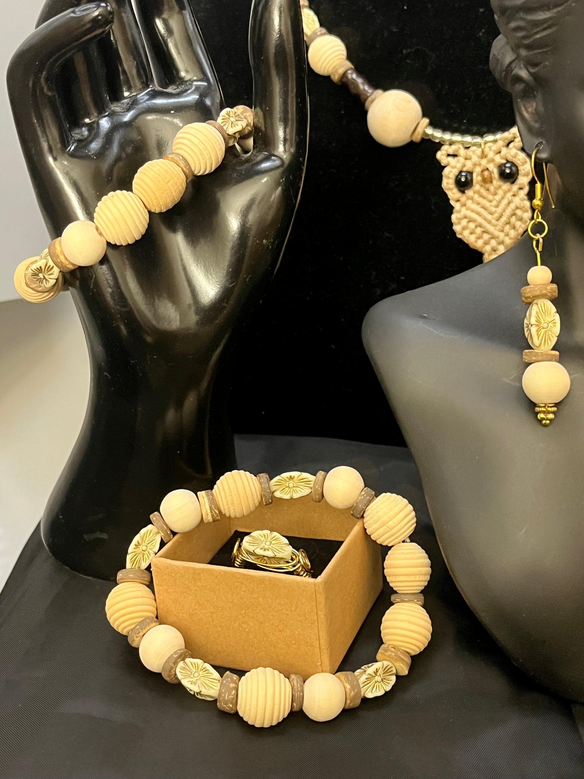 Handcrafted owl jewelry set styled for bohemian fashion
