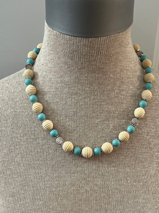 Aqua & Wood Boho Set (Necklace & Bracelet)