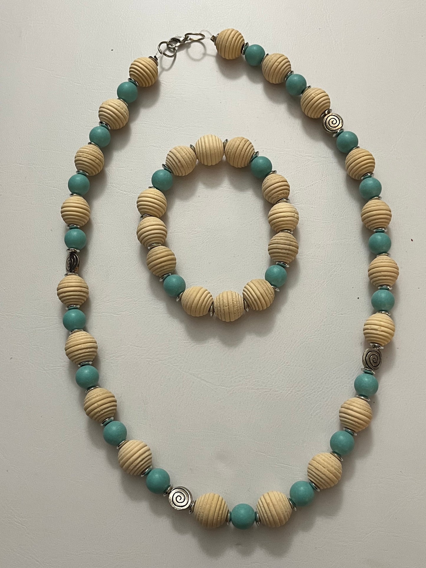 Aqua & Wood Boho Set (Necklace & Bracelet)
