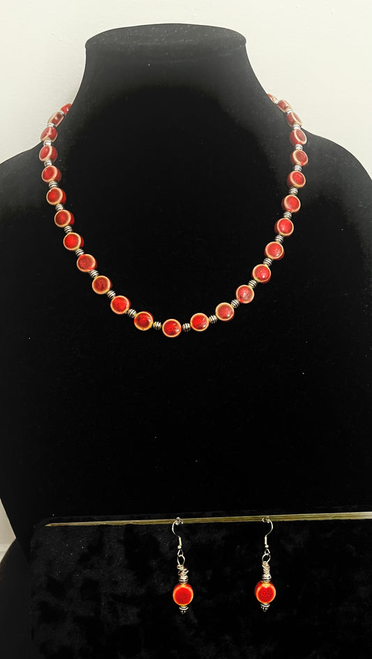 Sexy Red Ceramic Bead Necklace & Earrings