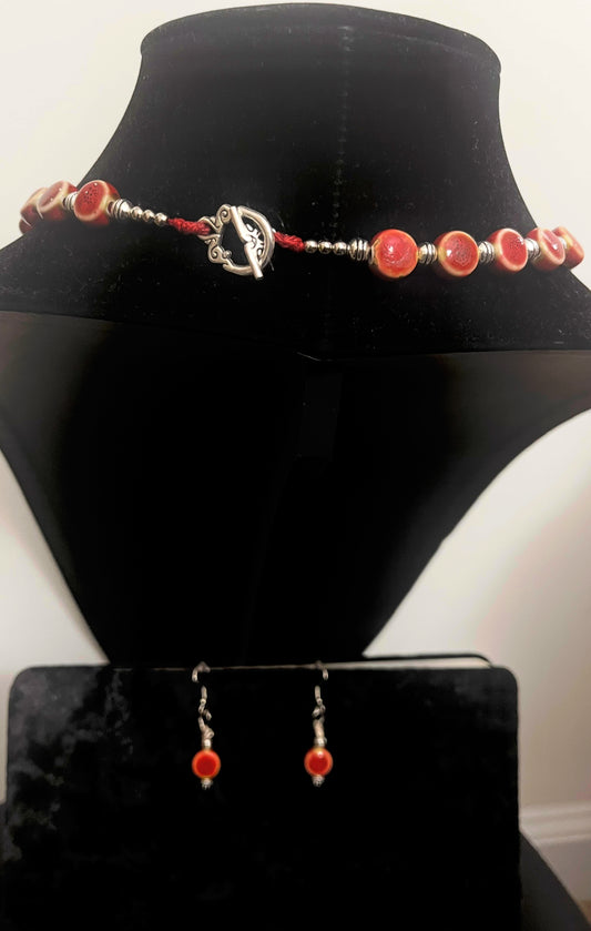 Sexy Red Ceramic Bead Necklace & Earrings
