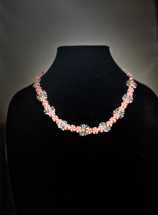 Playful Peppermint Duo - Red & White Beaded Necklace & Earring Set