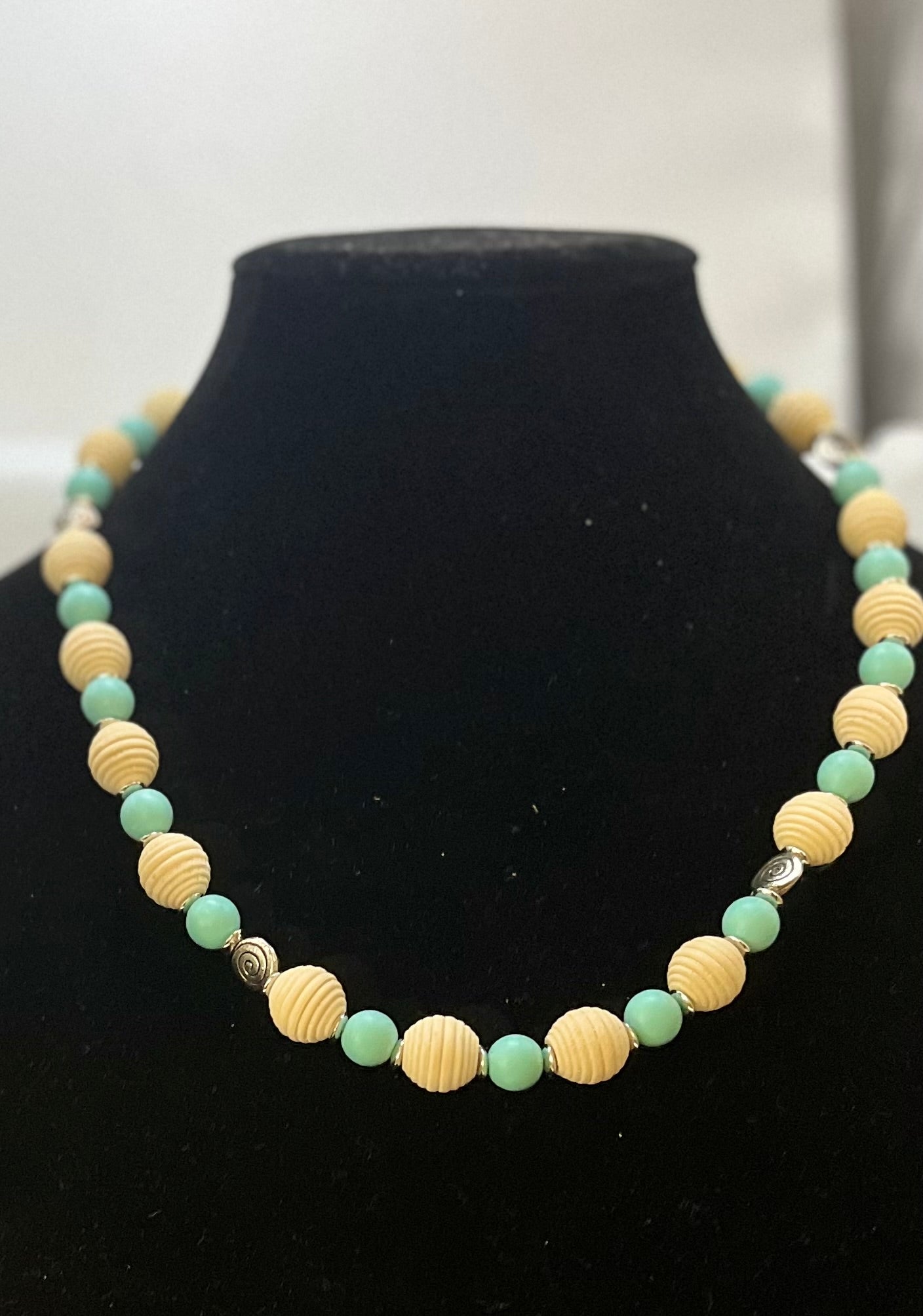 Aqua bead necklace with natural wood accents