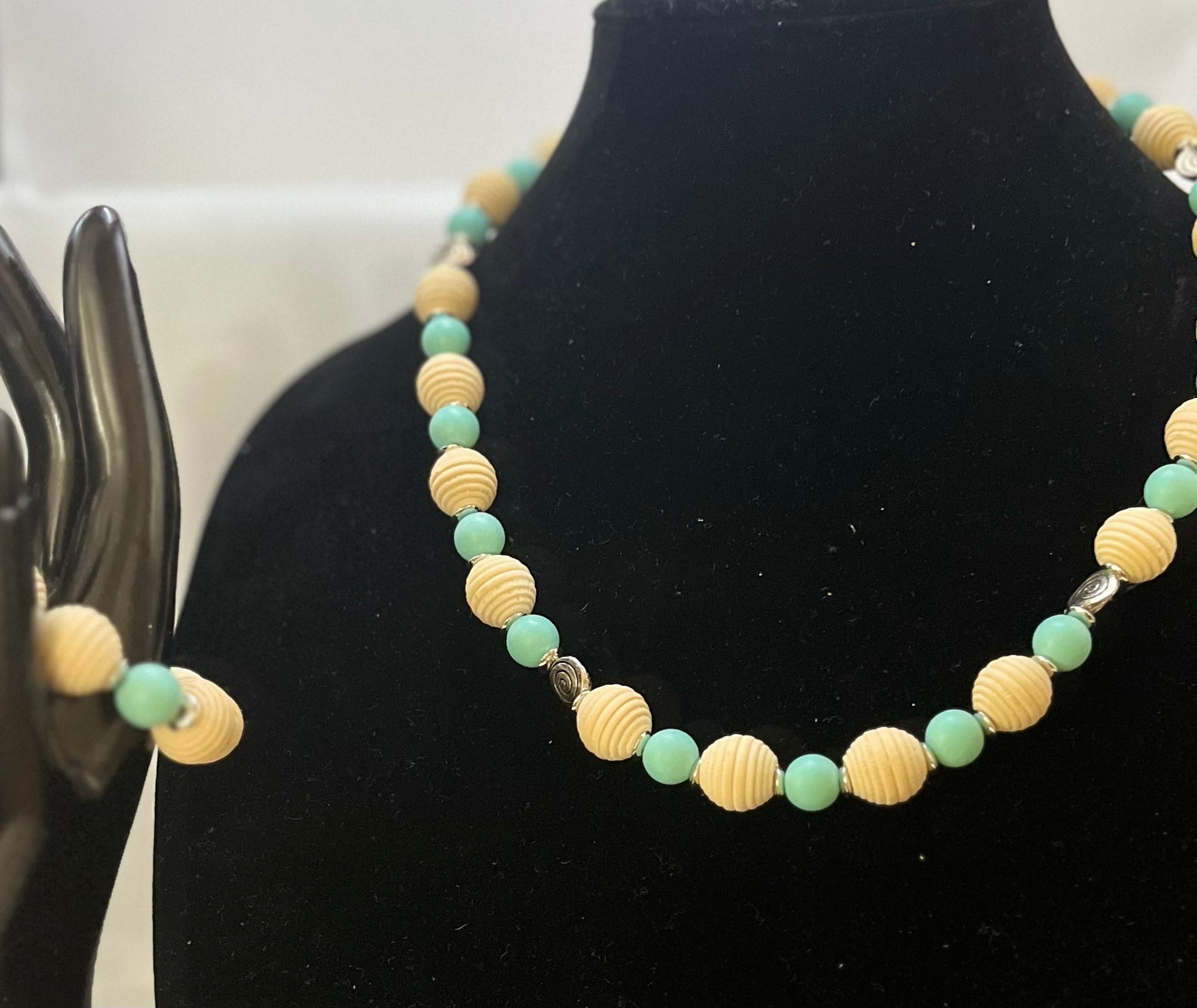 Aqua bead necklace with natural wood accents