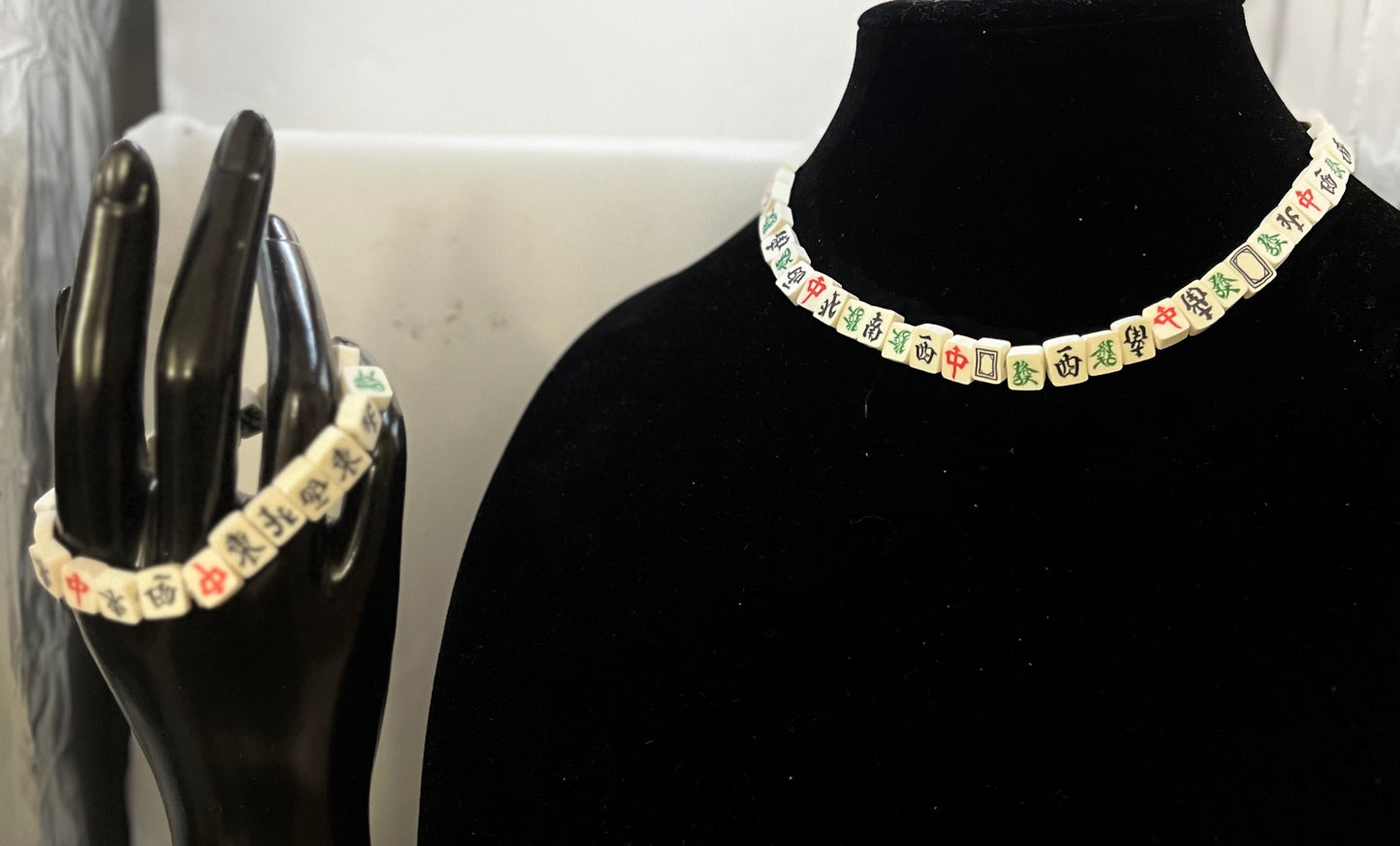 Mahjong tile necklace with matching bracelet in playful game‑inspired design